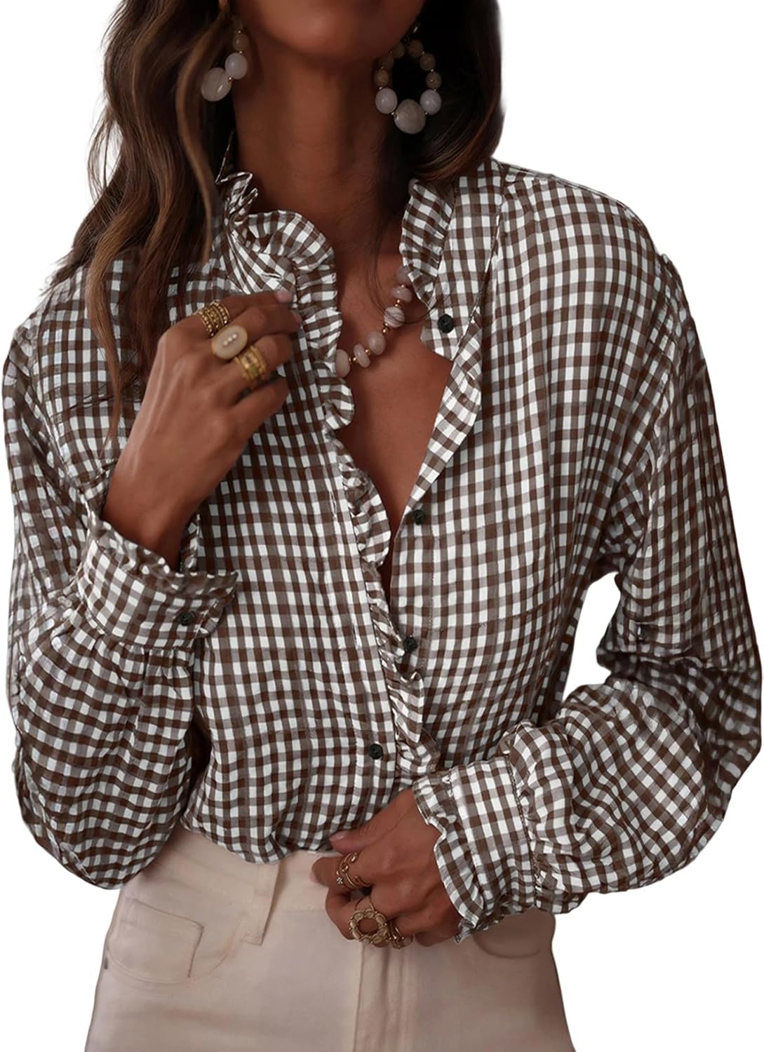 Fashionable women's plaid ruffle button-down shirt