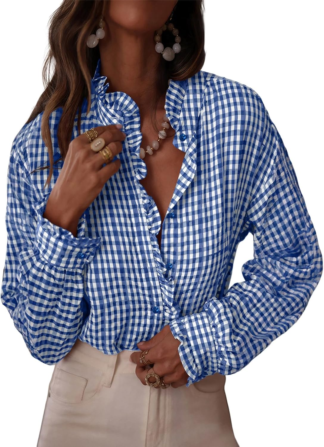 Fashionable women's plaid ruffle button-down shirt