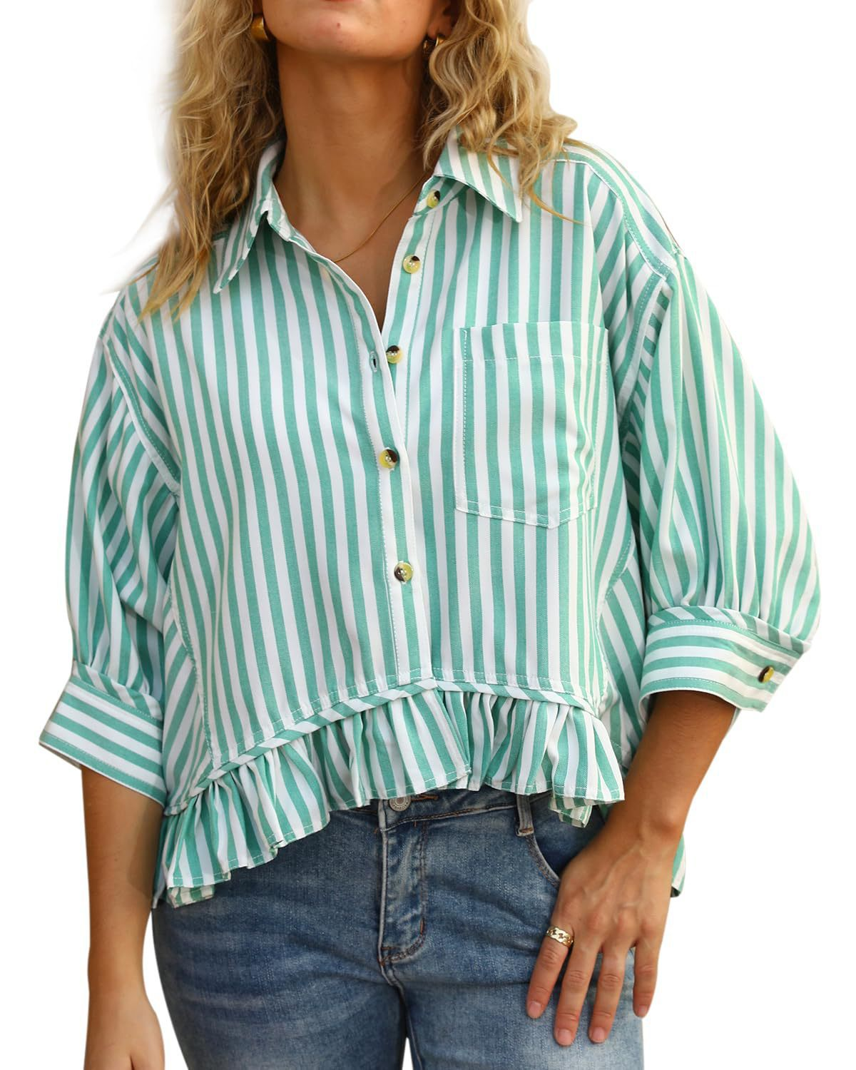 2026 Loose-fitting striped lace hem five-quarter sleeve shirt