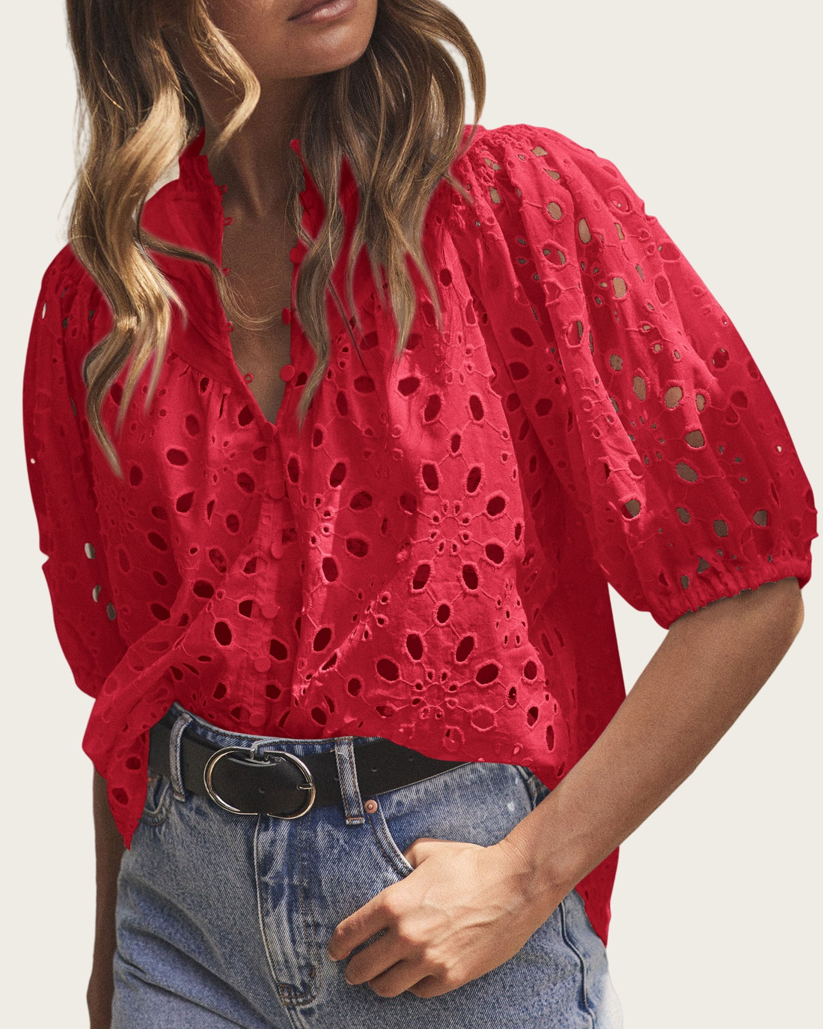 Short Lantern Sleeve Button Hollow Lace Embroidery Shirt