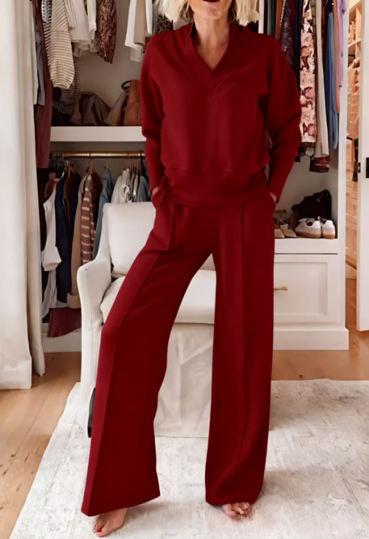 2025 Casual V-neck loose wide-leg pants two-piece suit