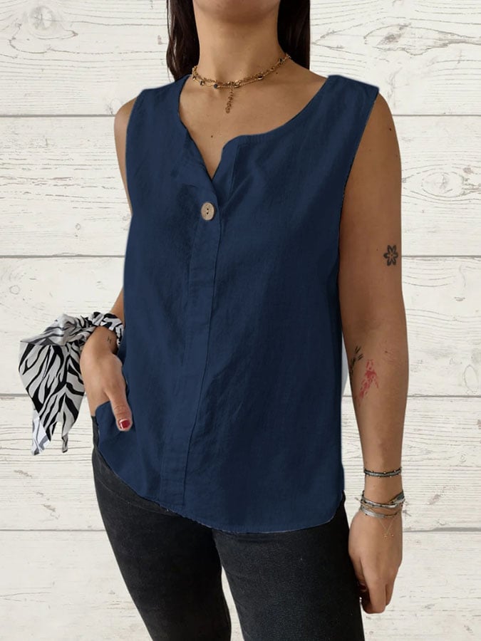 Women's Casual Cotton and Linen Solid Color Button Loose Top