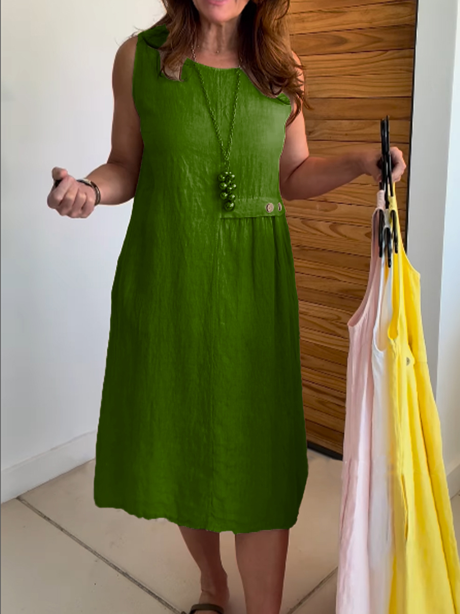 Women's Round Neck Pocket Cotton and Linen Dress