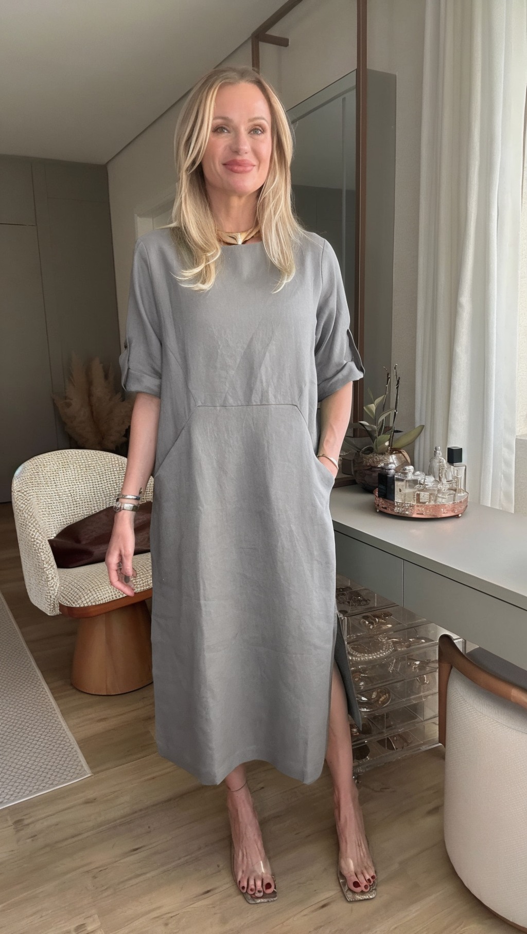 Women's Cotton linen casual dress with pocket