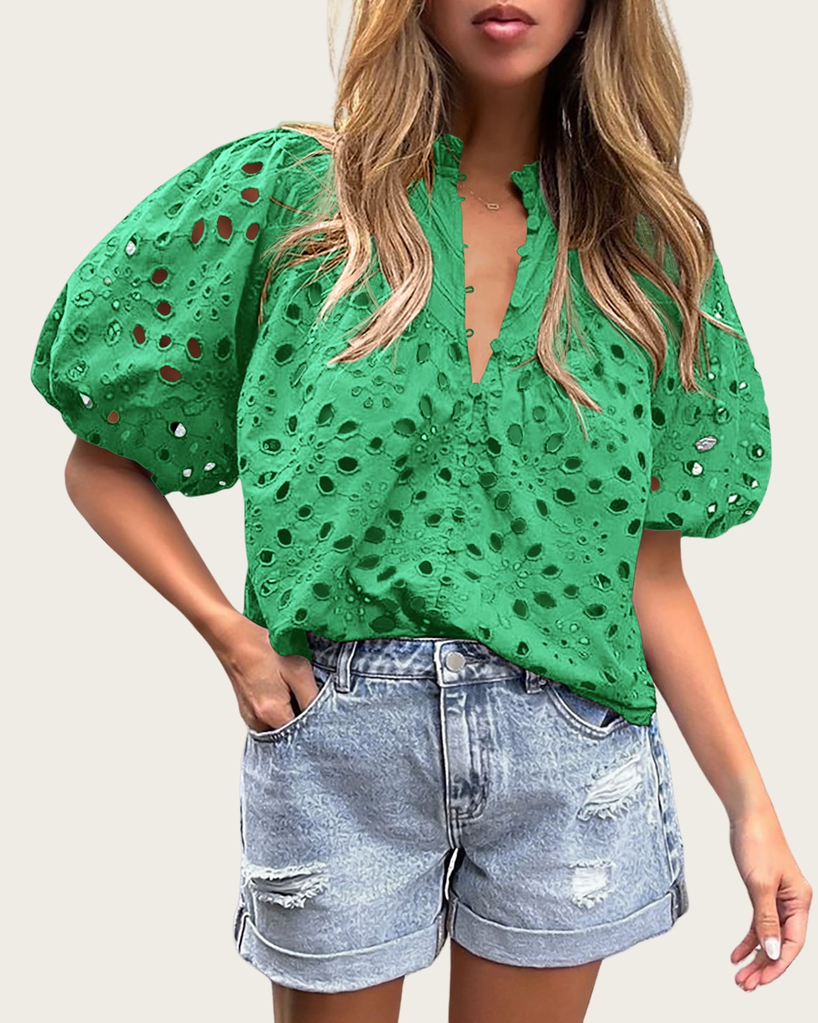 Short Lantern Sleeve Button Hollow Lace Embroidery Shirt