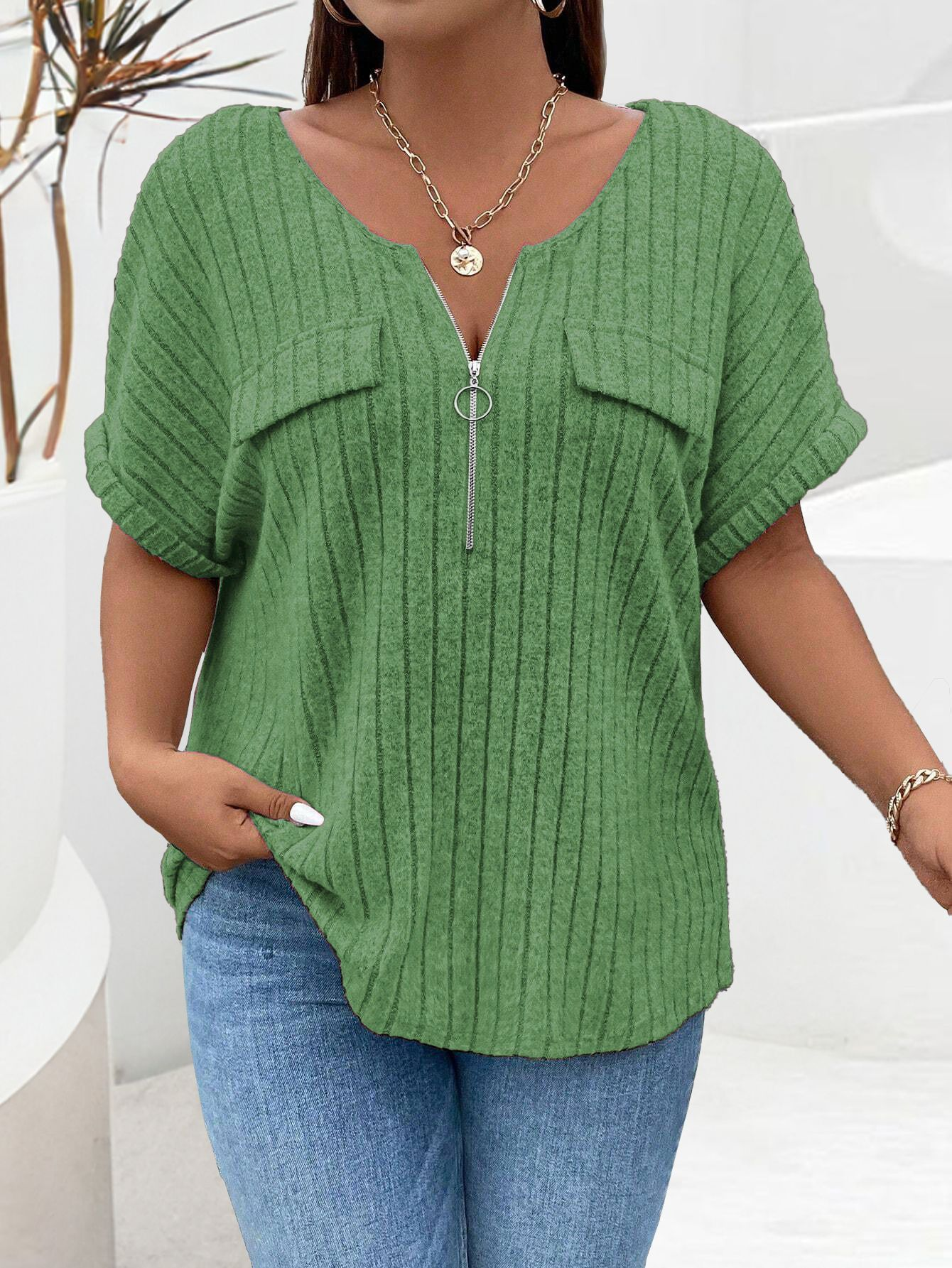 Loose zip-up short-sleeved pullover T-shirt