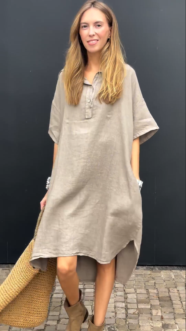 2024 New Women's Casual Cotton Linen Shirt Dress With Pocket