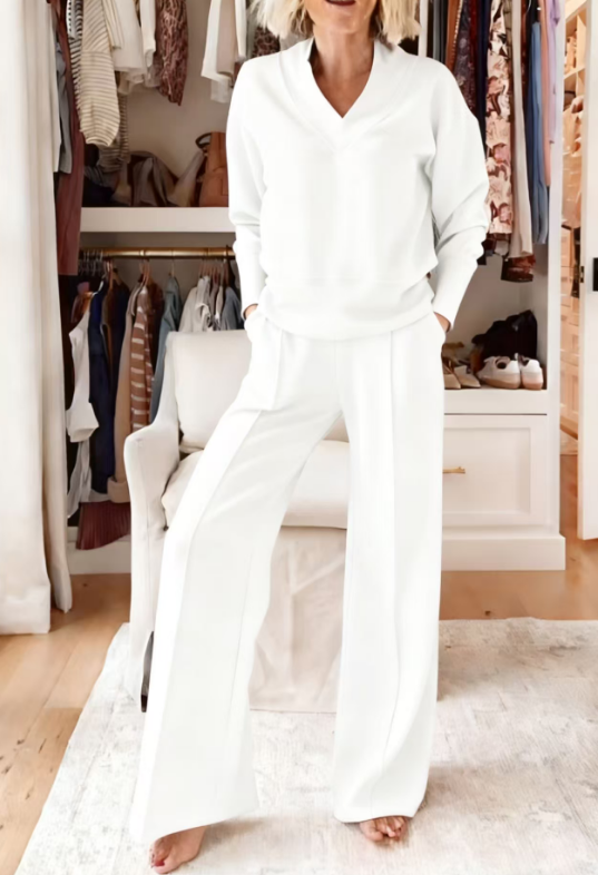 2025 Casual V-neck loose wide-leg pants two-piece suit