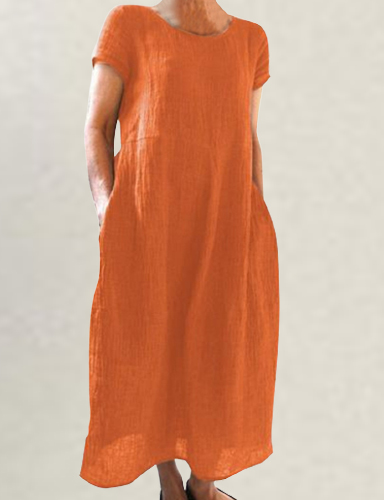 Women Short Sleeve Round Neck Solid Color Long Dress 