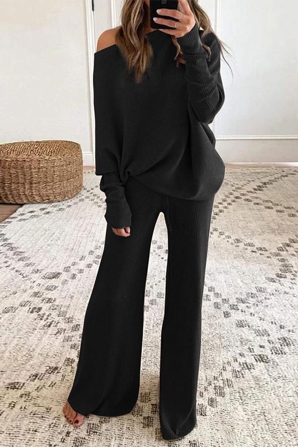 Women's solid color round neck cashmere knitted long sleeve casual two-piece suit