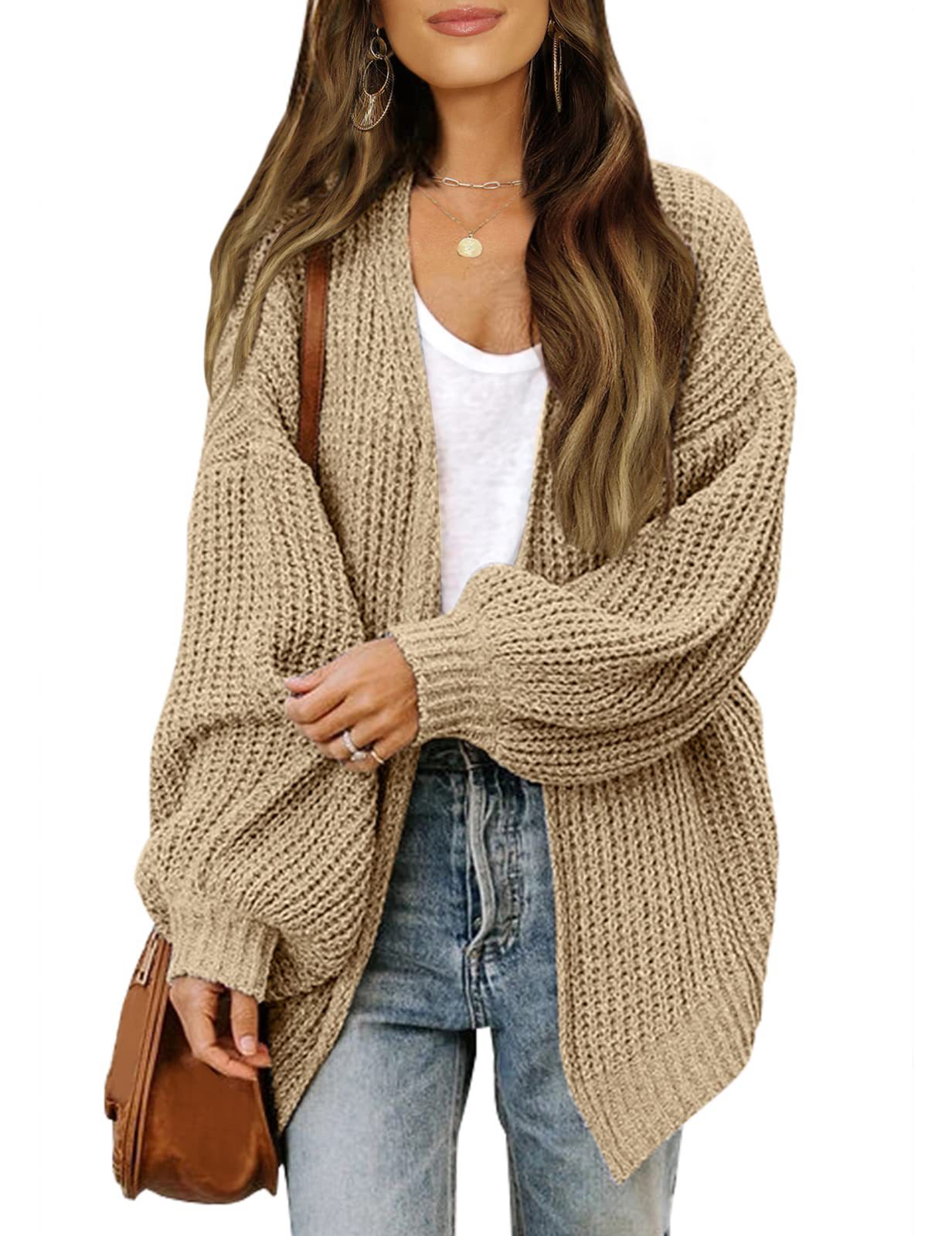 Women's lantern sleeve chunky knitted pocket sweater coat