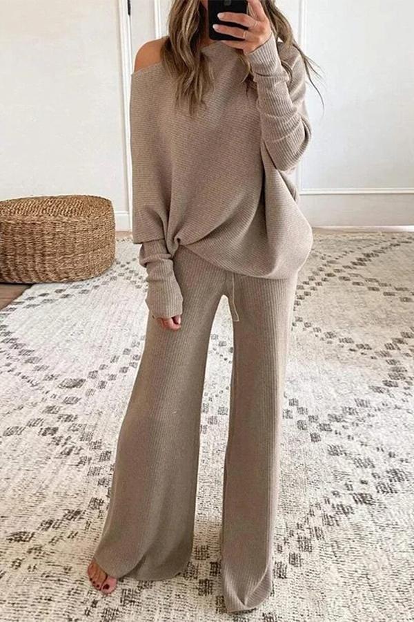 Women's solid color round neck cashmere knitted long sleeve casual two-piece suit