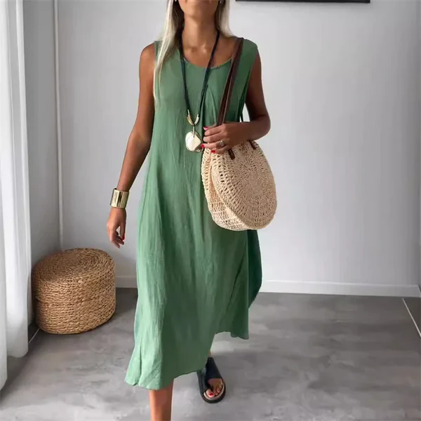 Casual round neck cotton and linen pocket dress