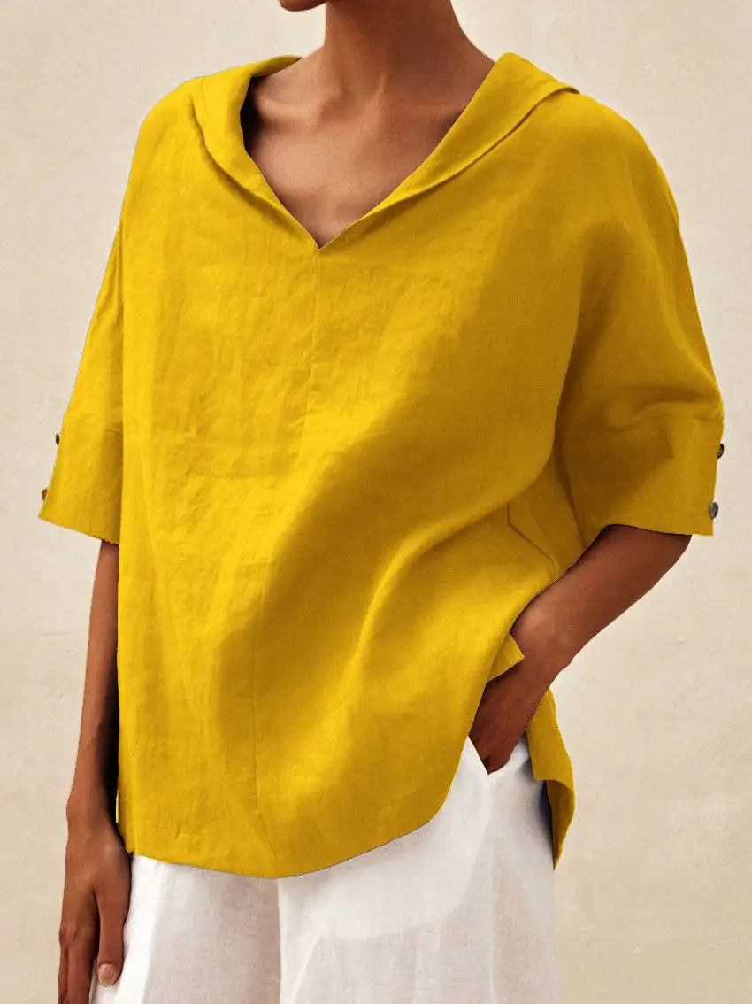 2025 New Women'S Clothing Solid Color Cotton Linen Loose Top T-Shirt