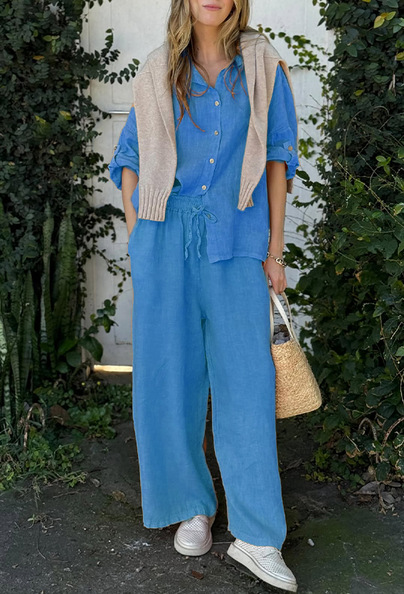 Comfortable Cotton and linen casual solid color 2-piece Set