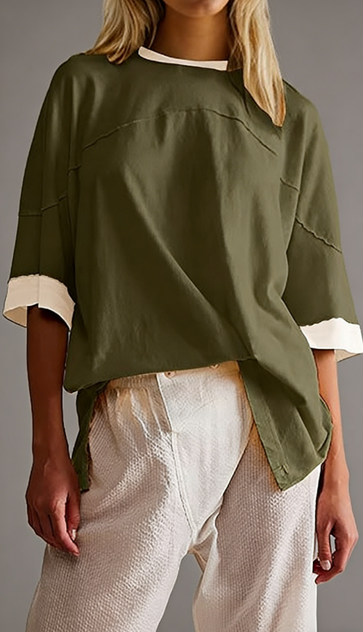 2026 Loose-fitting casual ribbed fabric patchwork pure cotton T-shirt