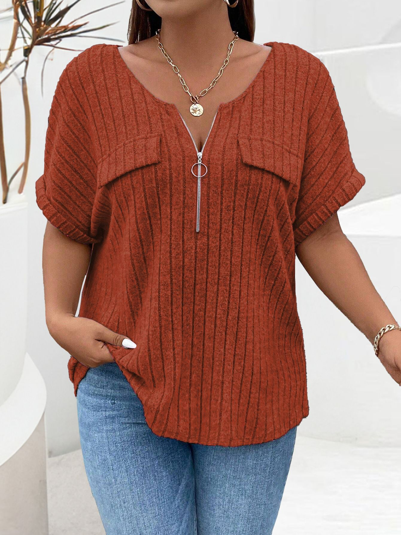 Loose zip-up short-sleeved pullover T-shirt