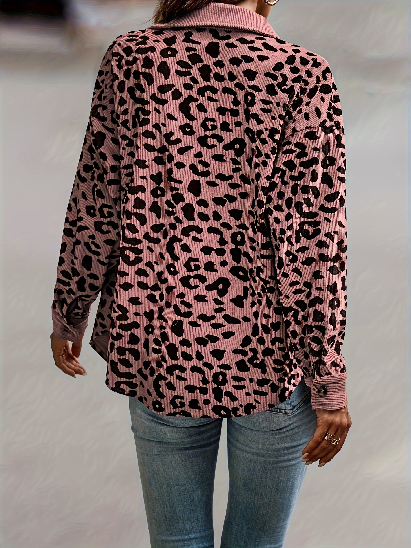 Plus Size Casual Jacket, Women's Plus Plain Leopard Print Flap Detail Long Sleeve Lapel Collar Button Decor Jacket
