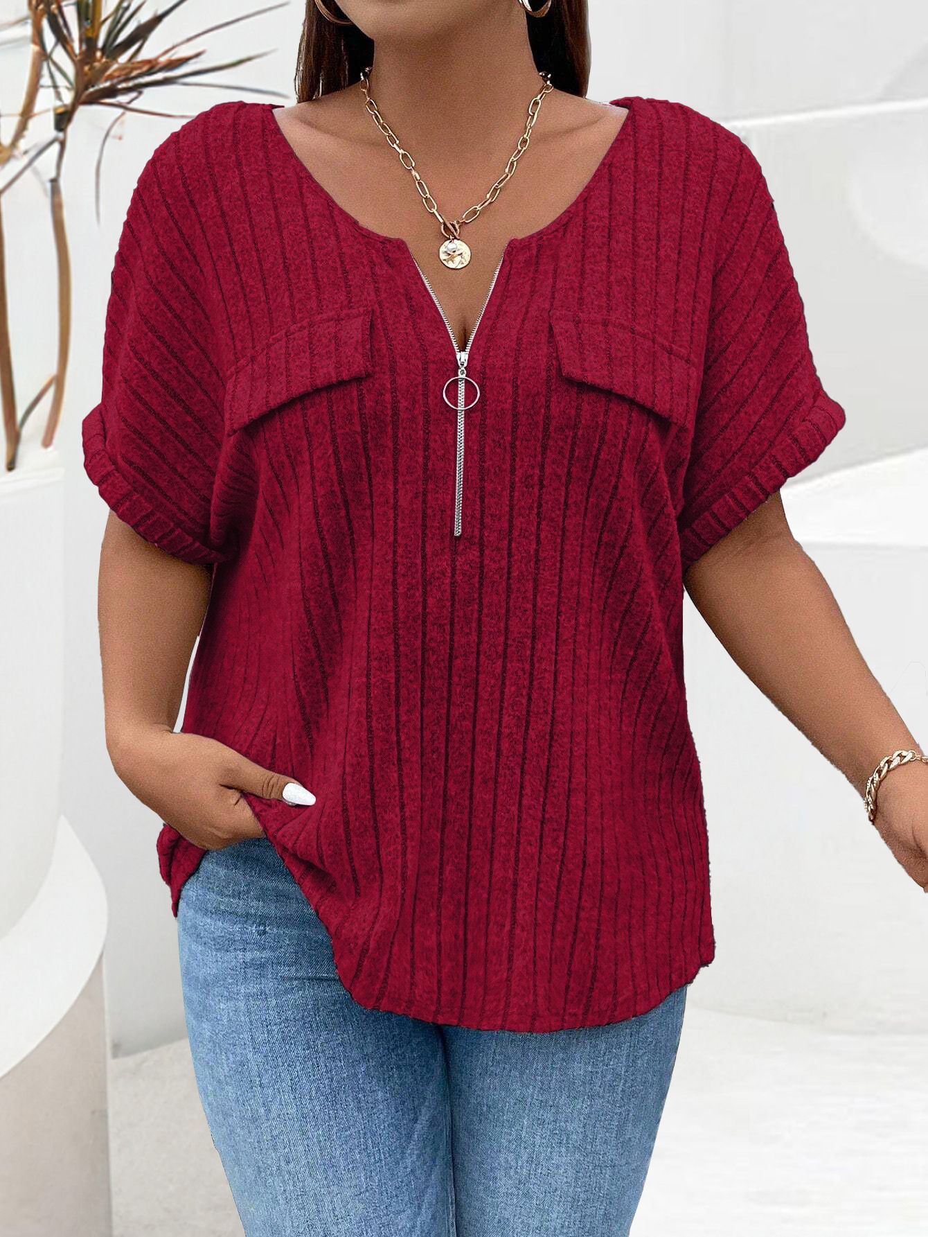 2025 Casual Plain Plus Size T-Shirt Ring Zipper