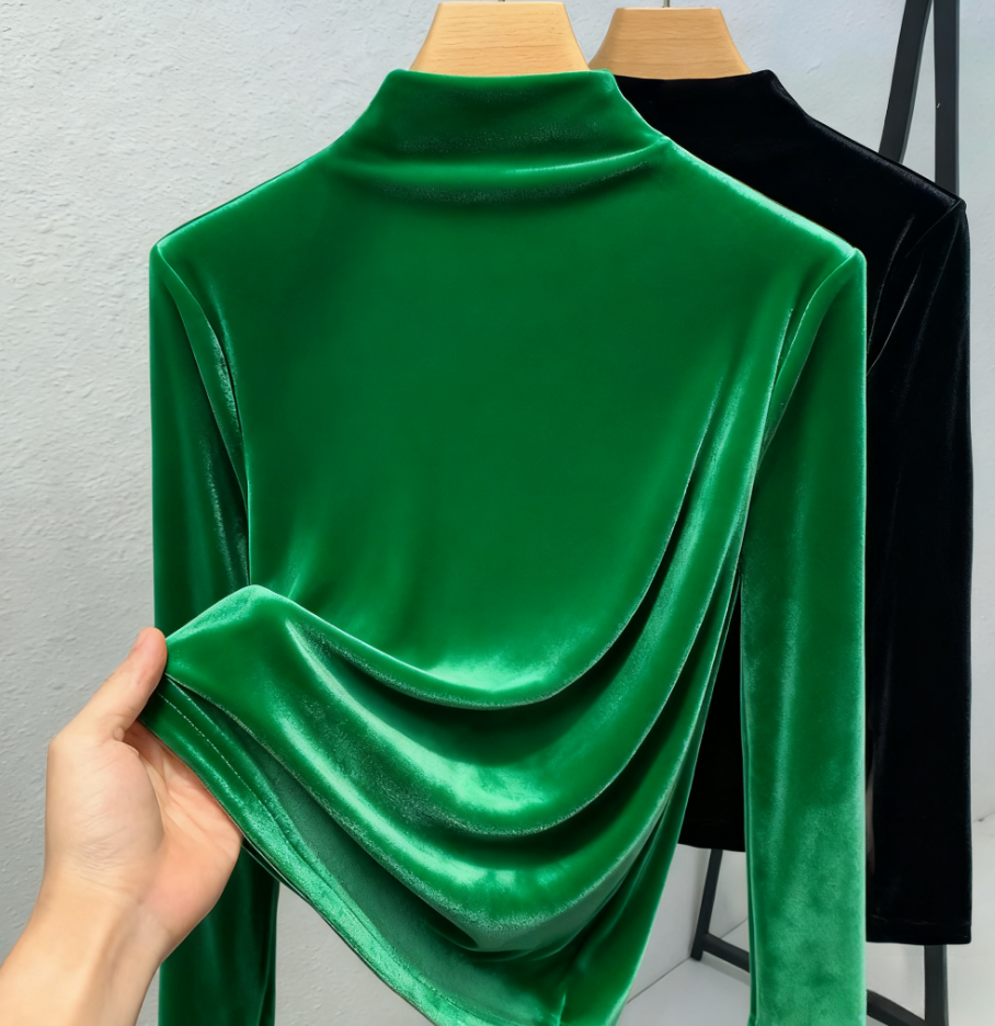 2025🎄Solid Color High Neck Velvet Long-Sleeved Warm Top