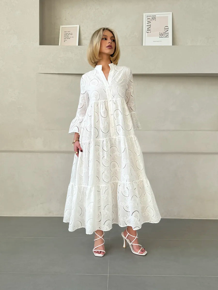 V-neck embroidered hollow lace long skirt