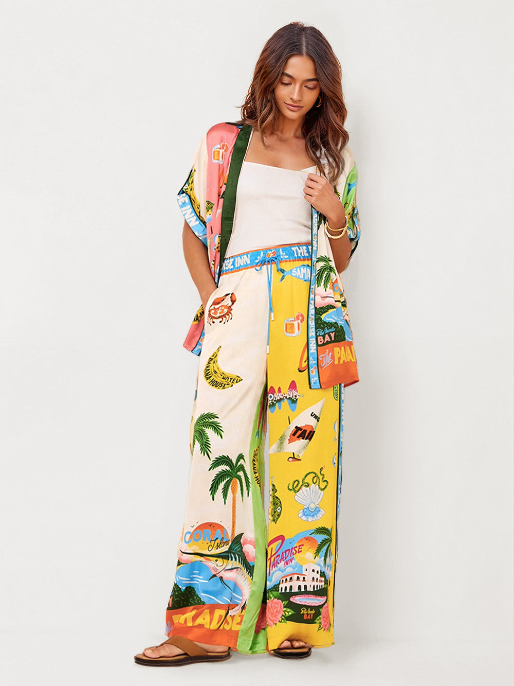 Sunset Beach Graphic Print Wide-Leg Pants