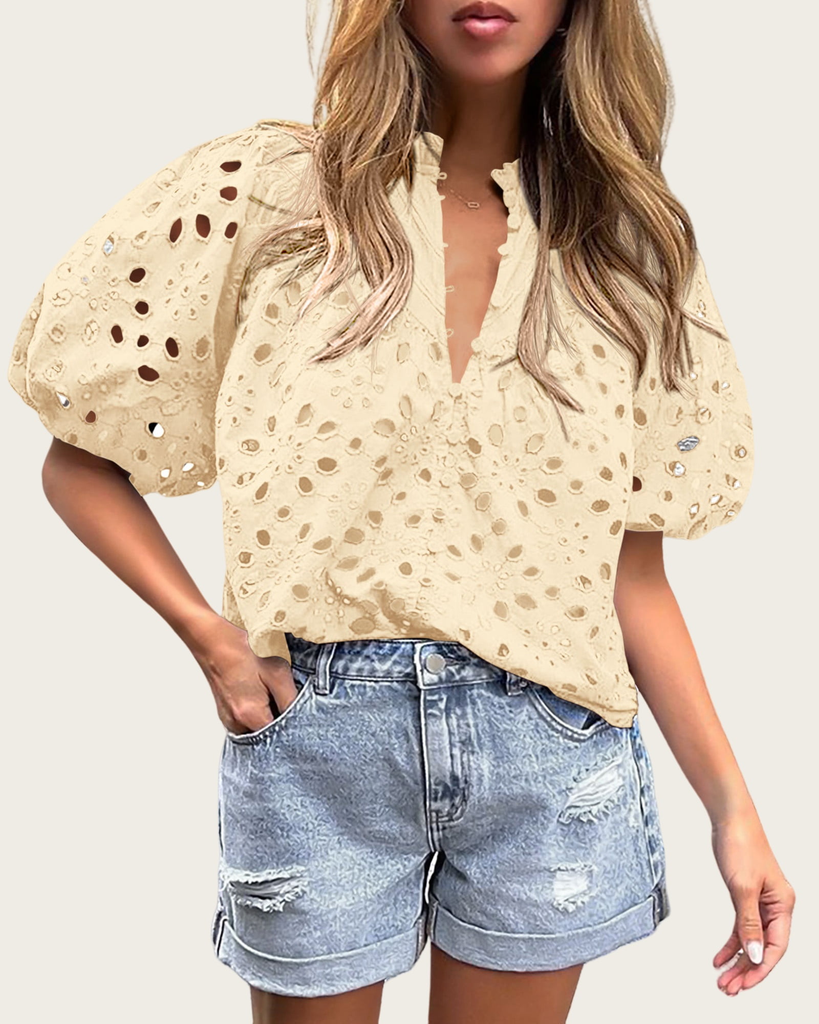 Short Lantern Sleeve Button Hollow Lace Embroidery Shirt