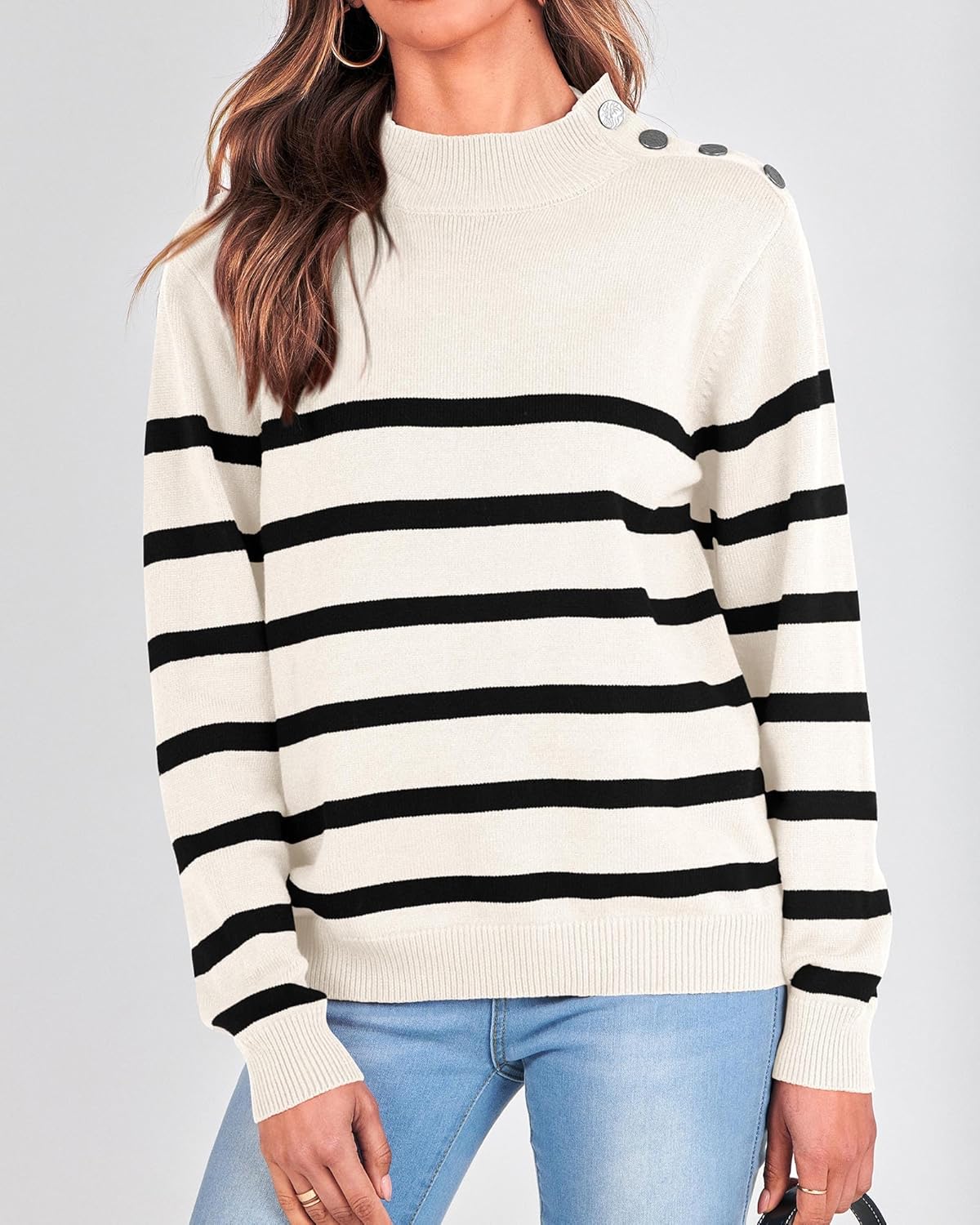 2025 Long Sleeve Metal Button Striped Turtleneck Sweater