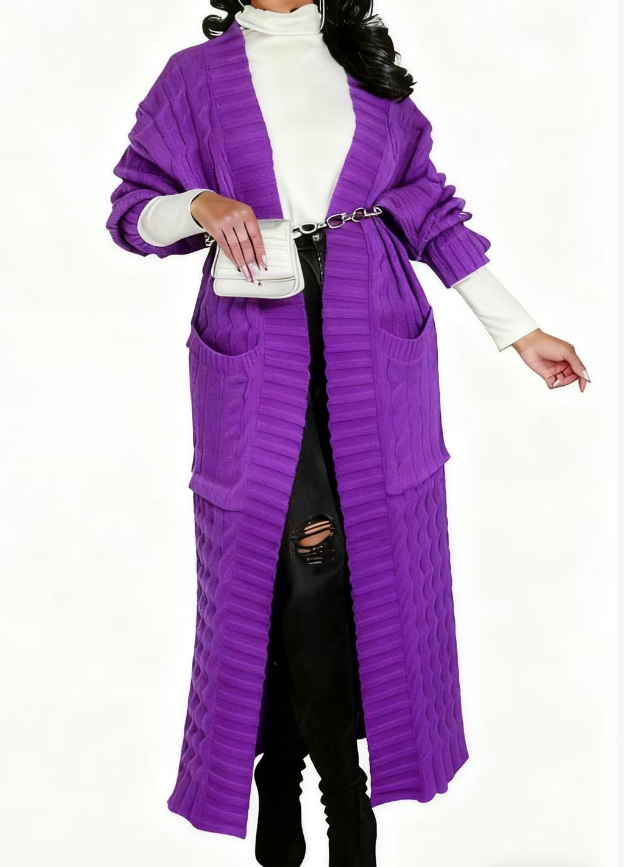 2025 Women's Solid Color Drop Shoulder Pocket Cable Knit Cardigan