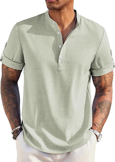 Men's Short-Sleeved Linen Cotton Casual Band Collar Shirt
