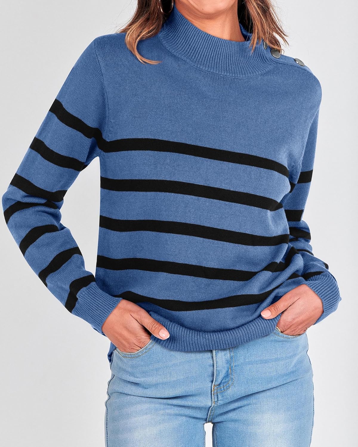 2025 Long Sleeve Metal Button Striped Turtleneck Sweater
