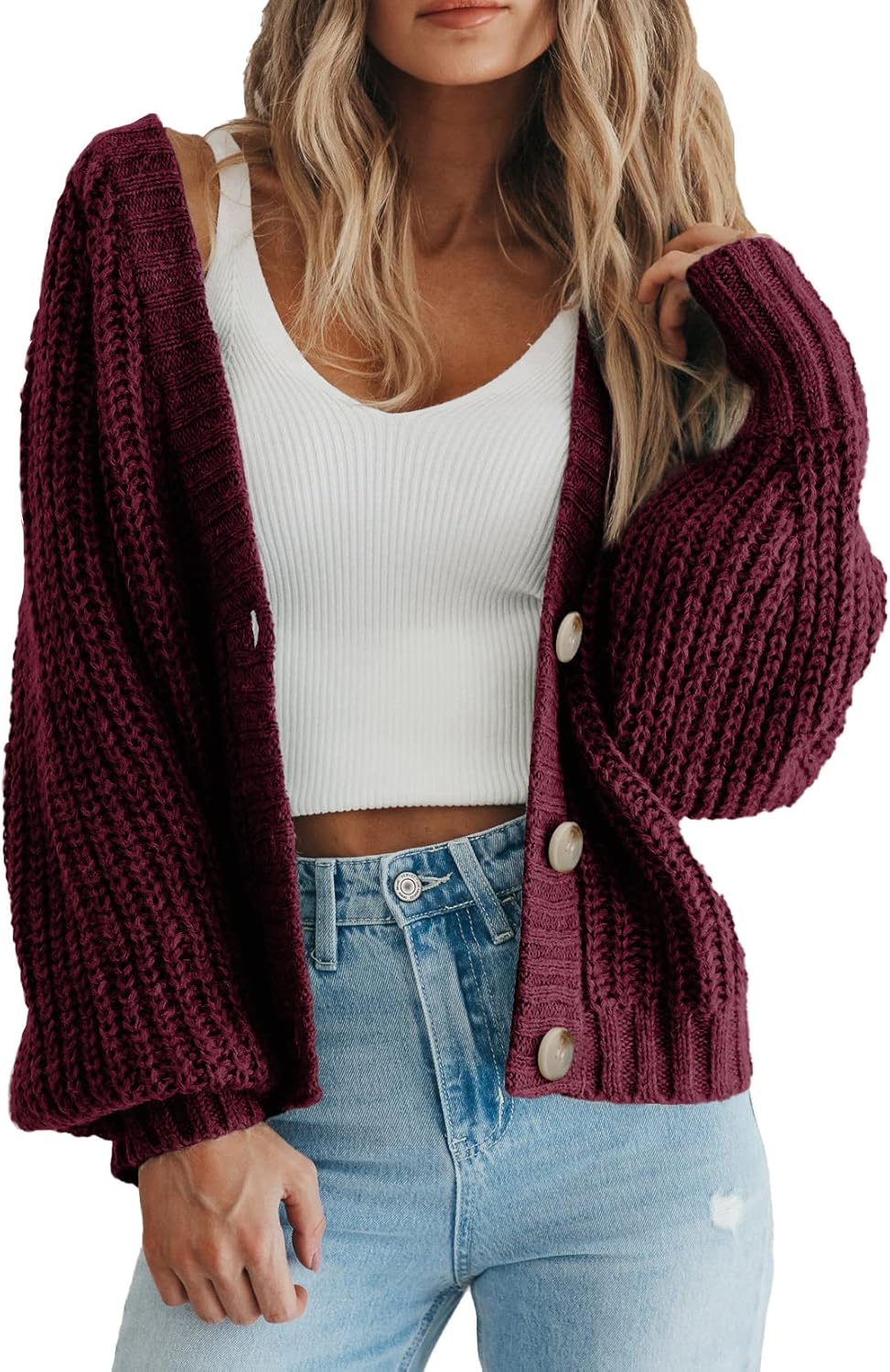 Women's Chunky Knit Cardigan Sweater Long Sleeve Button Loose Cardigan Jacket