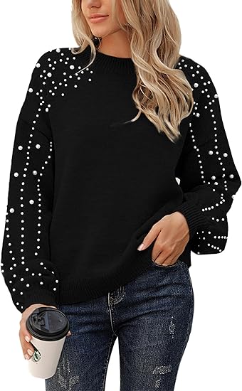 2025 🎄Women's Chunky Knit Round Neck Lantern Sleeve Wide Pearl Sweater