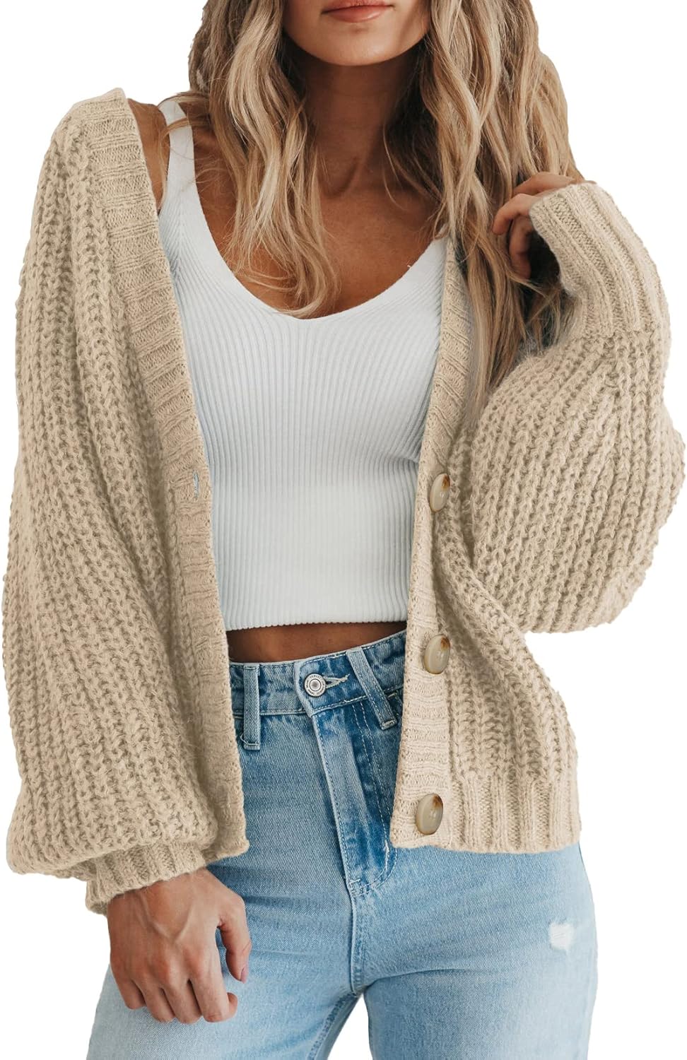Women's Chunky Knit Cardigan Sweater Long Sleeve Button Loose Cardigan Jacket