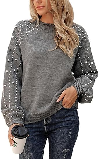 2025 🎄Women's Chunky Knit Round Neck Lantern Sleeve Wide Pearl Sweater