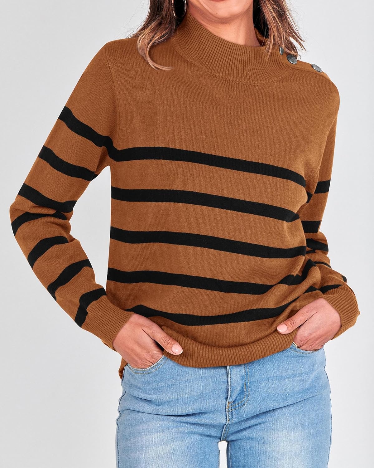 2025 Long Sleeve Metal Button Striped Turtleneck Sweater