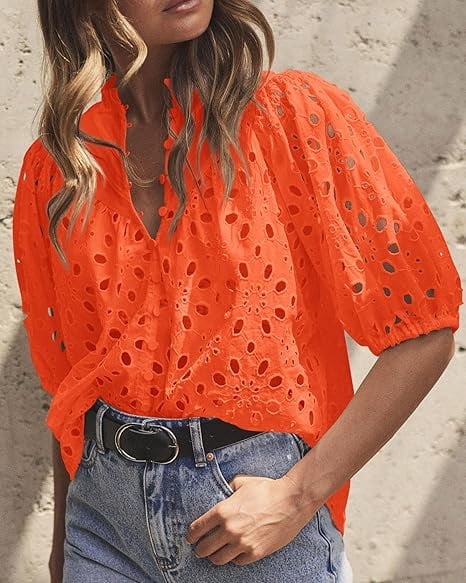 Short Lantern Sleeve Button Hollow Lace Embroidery Shirt