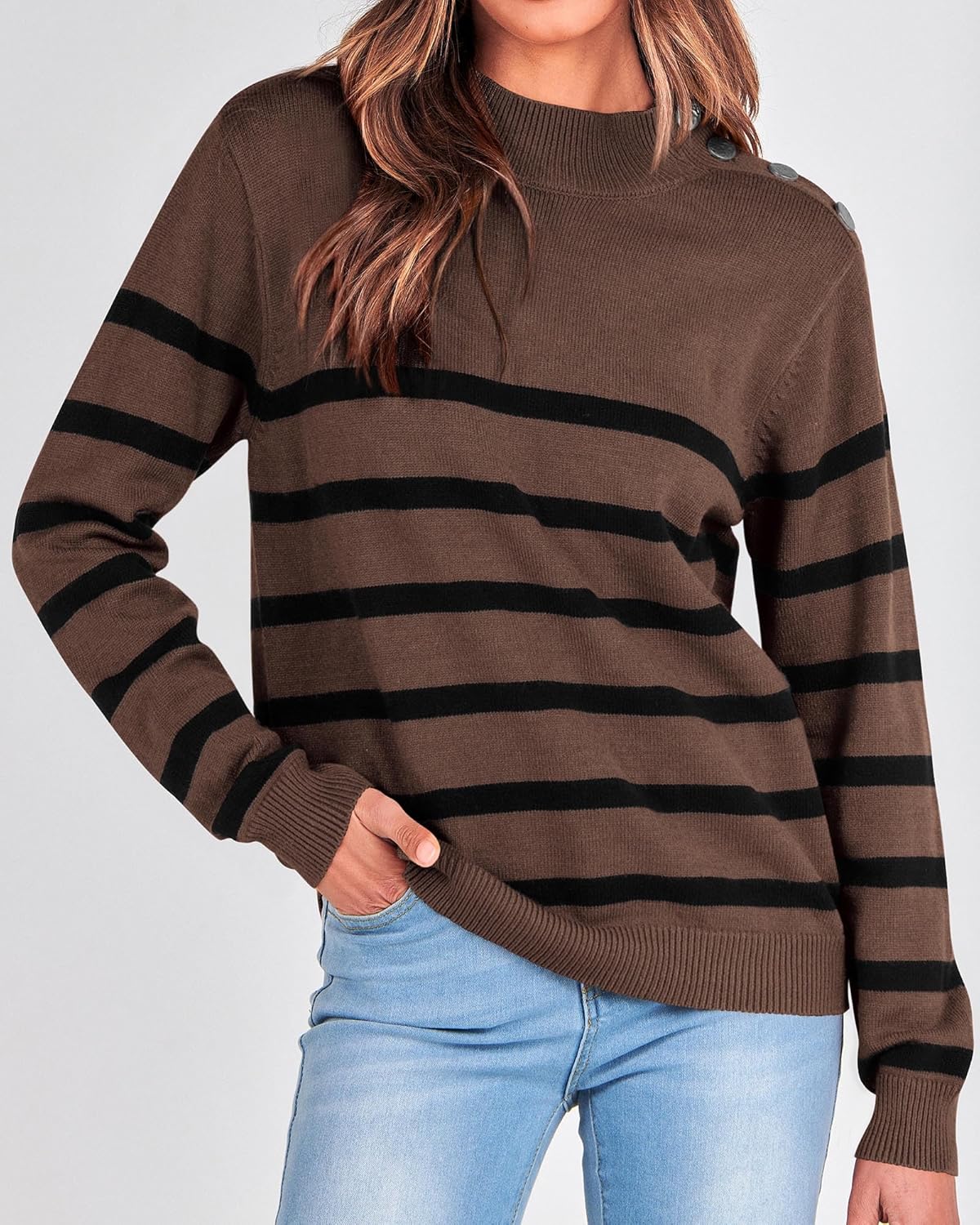 2025 Long Sleeve Metal Button Striped Turtleneck Sweater