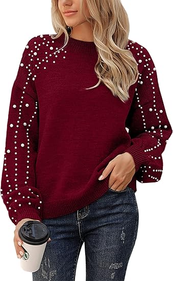 2025 🎄Women's Chunky Knit Round Neck Lantern Sleeve Wide Pearl Sweater