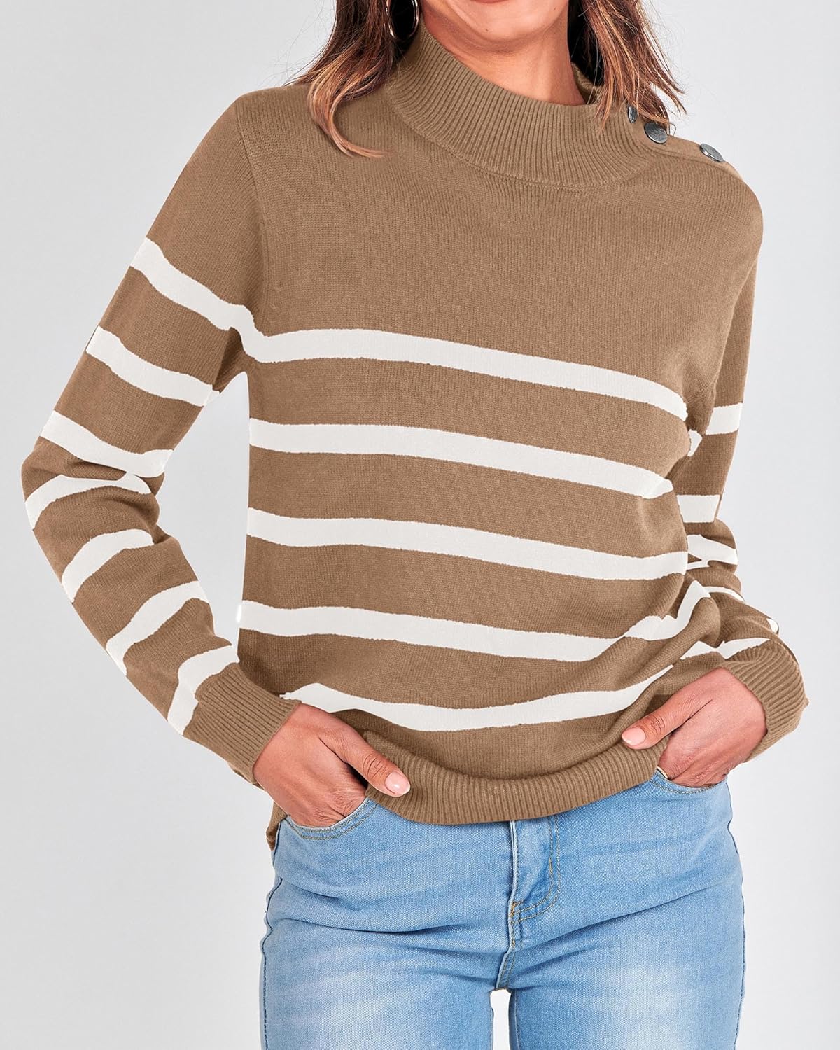 2025 Long Sleeve Metal Button Striped Turtleneck Sweater