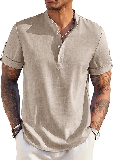 Men's Short-Sleeved Linen Cotton Casual Band Collar Shirt