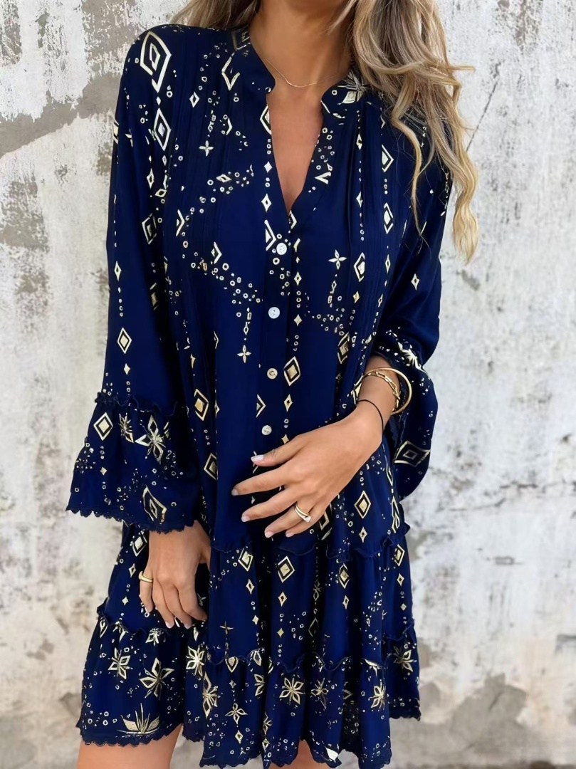 Limited Time Discount 🔥New Hot Stamping Lace Trumpet Sleeve Hollow Dress