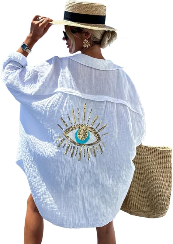 Loose-fitting linen sequined beach shirt