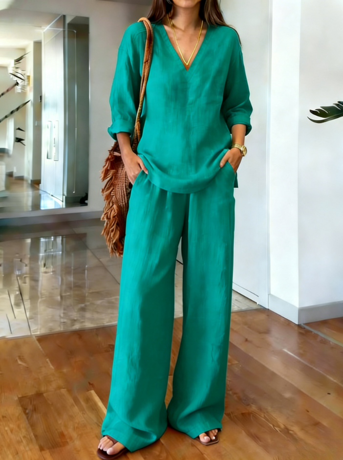 2026 Casual solid color V-neck cotton and linen two-piece set