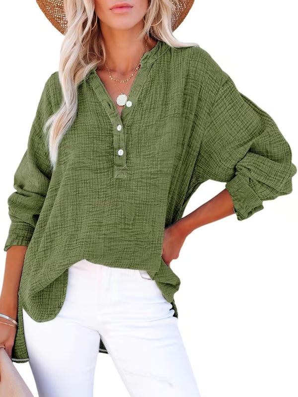 Womens Casual Button V Neck Long Sleeve Shirts Oversized Solid Blouses Tops