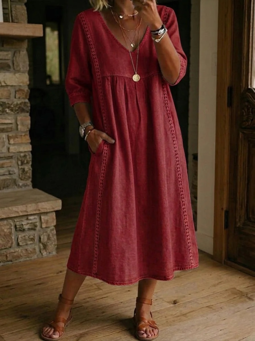 Retro casual mid-sleeve V-neck denim dress