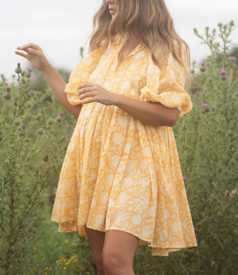 2026 Loose-fitting, tie-up, retro-style printed dress