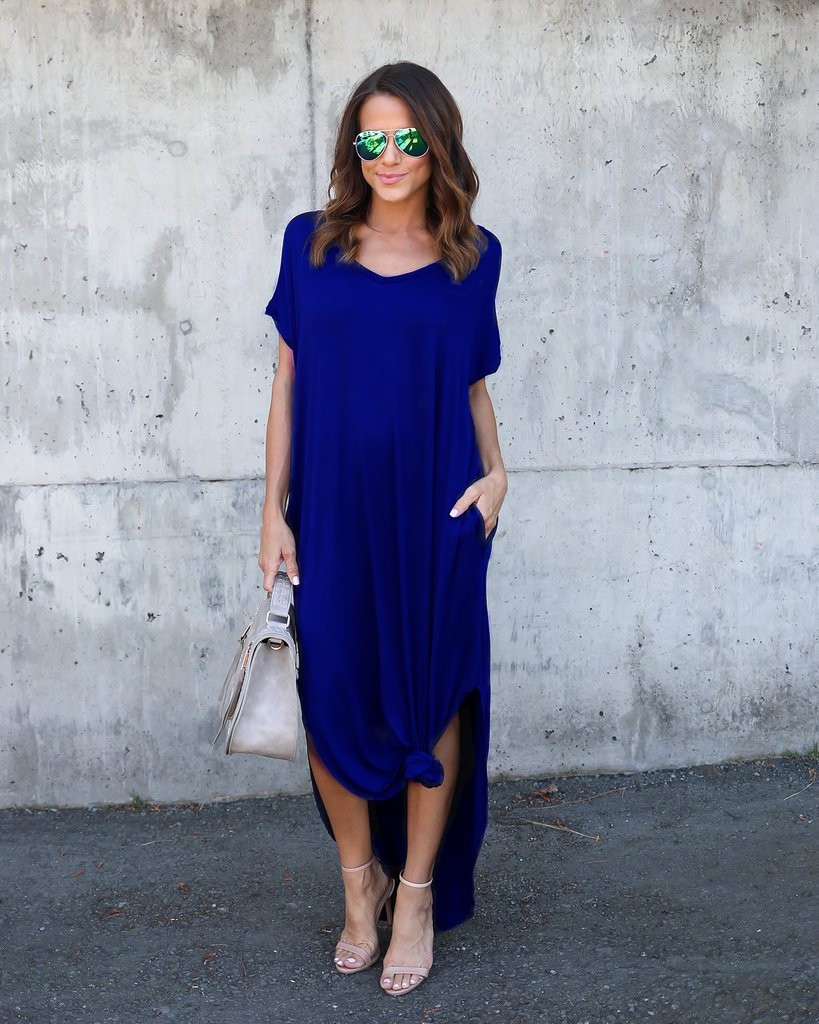Batsleeved V-Neck Pocket Slit Dress