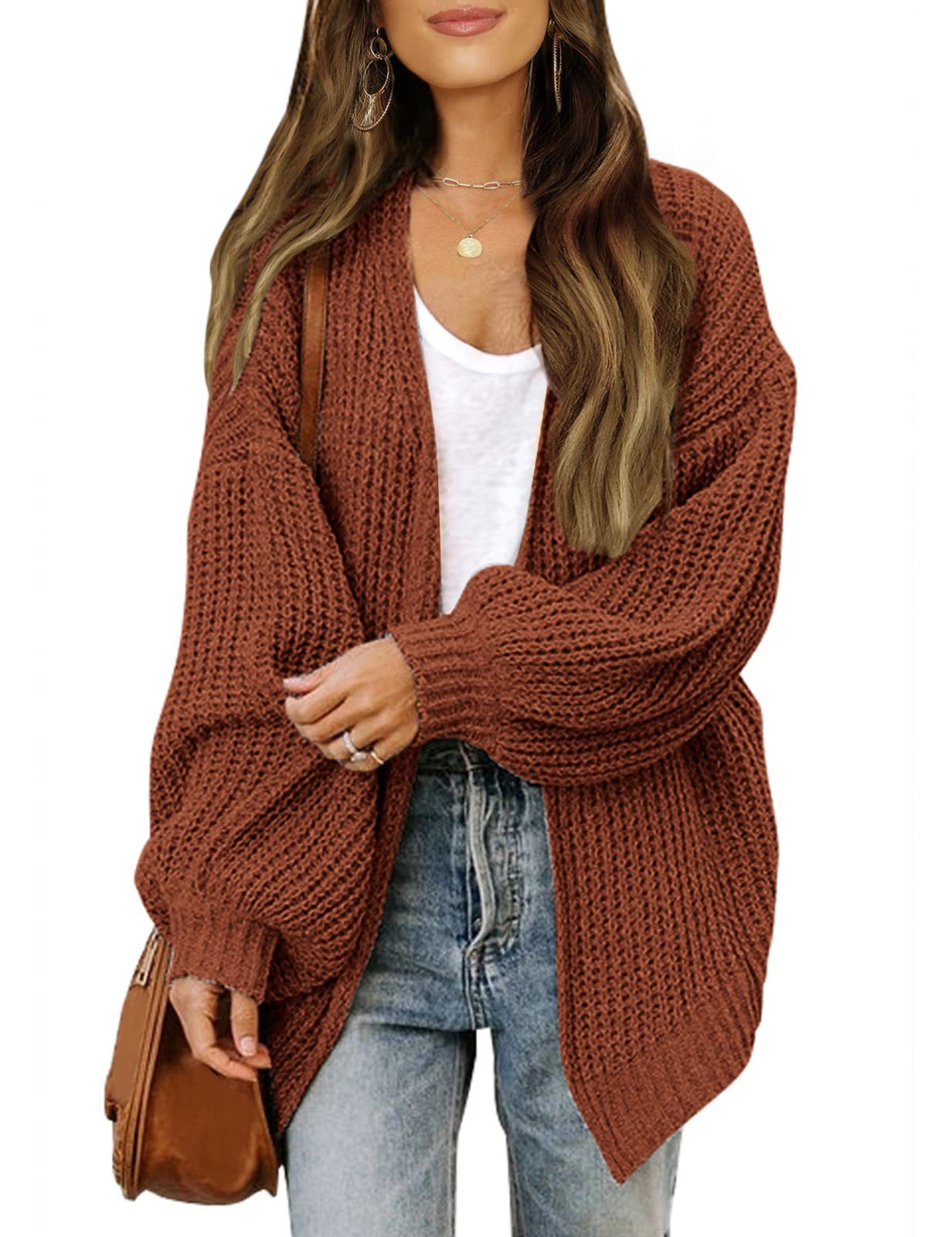 Women's lantern sleeve chunky knitted pocket sweater coat