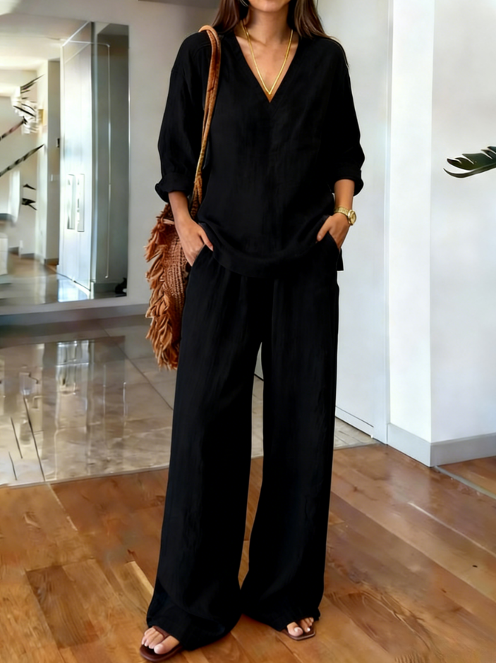 2026 Casual solid color V-neck cotton and linen two-piece set